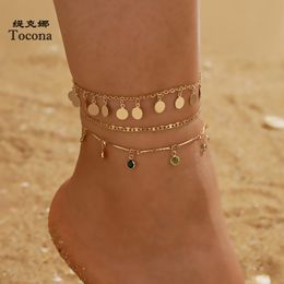 3pcs/sets Colourful Rhinestone Tassel Anklets for Women Charm Gold Colour Wafer Foot Chain Summer Jewellery Wholesale 14803