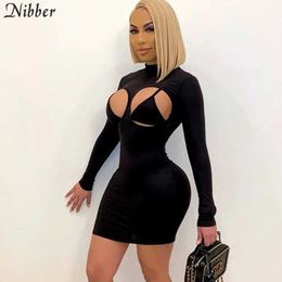 Nibber Hollow Sexy Bikini Ladies Summer Long-sleeved Striped Dress Solid Colour Tight-fitting Party Club Outfit Mini Dress Y0726