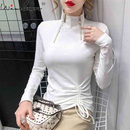 Fall Winter Clothing For Women Cotton T-Shirt White Turtleneck Zipper Drawstring Solid Tops Long Sleeve Slim Stretchy T010205A 210421