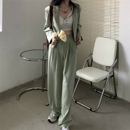 Green Korean Streetwear Two Piece Set Women Long Sleeve Blazer Coat Top + High Waist Pants Suits Ladies Casual 210514