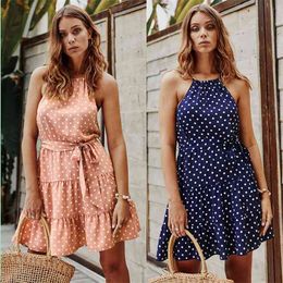 Summer Elegant Sexy Beach Mini Dress Women Fashion Print Polka-dot Strap Ladies Halter Ruffled Lace-up Boho Vestidos 210517