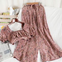 Women clothing sets summer print floral short straight wide leg Pants and tops casual chiffon two-piece suit For women 210420