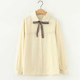 White Blouse Women Long Sleeve Oversized Shirt Female Spring Pocket Official Tops Blusas Roupa casual bow top 210604