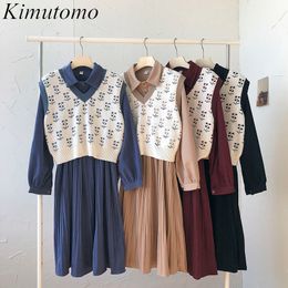 Kimutomo Fashion Two Piece Set Women Spring Style Vintage Jacquard Knitted Vest ladies Turn-down Collar Pleated Dress 210521