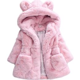 Winter Hooded Baby girls toddlers Girls Faux Fur Fleece Coat Pageant Warm Jacket Snowsuit Outerwear Children Clothes 211203