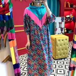 Spring Women's Patchwork Floral Hooded Mid-calf Half Lantern Sleeve Vestidos Women Korean Dress Female FS652 210427