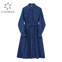 High Waist Bandage Slim Vintage Women's Dress Elegant Loose Korean Blue Frocks Female Cardigan Single Breasted Ulzzang Vestidos 210515