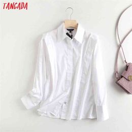 women high quality white cotton shirts long sleeve solid elegant office ladies pleated work wear blouses 6D65 210416