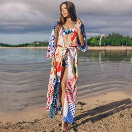 Bohemian Printed Cover-ups Bikini Wrap Bath Dress Pink Cotton Tunic Women Plus Size Beach Wear Swim Suit Cover Up Robe Q862 210420