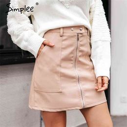 Simplee Vintage autumn leather women pencil skirt High waist zipper bodycon mini skirt Fashion pocket winter ladies streetwear 210412