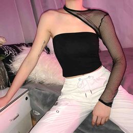 One Shoulder Black Fishnet Top Patchwork Sexy Long Sleeve Gothic Tee Shirt Women Fashion Backless Solid Pullover Femme 210517