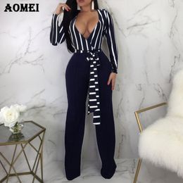 Women Overalls Jumpsuit V Neck Sexy with Waist Belt Navy Blue White Striped Long Sleeve Elegant Femme Casual Fashion 210416