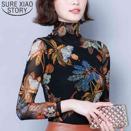 Autumn Korean Casual Tops Long Sleeve Turtleneck Mesh Printed Spliced Blouse Fashion Women Clothing 6123 50 210415