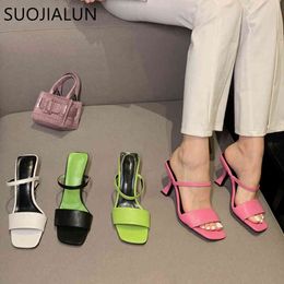 SUOJIALUN 2021 New Summer Slippers Thin High Heel Slides Ladies Brand Design Square Toe Sandals Casual Outdoor Beach Dress Pumps C0407