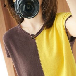 casual summer v-neck knit crop sweater Women short sleeve sexy oversize top jumper girl female basic pull top 210604