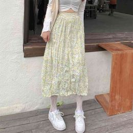 Vintage Floral Print Chiffon Long Skirts for Women Elastic High Waist Korean Spring Summer Skirt 210529