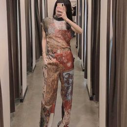 2021 New Women Printed 2 Pieces Set Sleeveless O-Neck Shirt Long Trousers Suit Chic Lady Fashion Casual Women Outfit Pants Sets Y0625