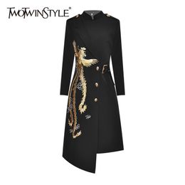 TWOTWINSTYLE Embroidery Print Dress For Women Stand Collar Long Sleeve High Waist Irregular Hem Vintage Dresses Female Fashion 210517