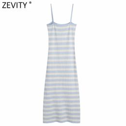 Women Fashion Striped Print Casual Slim Knitting Sling Dress Female Chic Summer Spaghetti Strap Vestido DS8283 210420