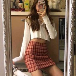 Women Split Plaid Mini Skirt with Under Shorts Mini Skort In Check 210412