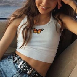 Women's Butterfly Embroidery Camisole White Sleep Tops Summer Solid Basic Tees Casual Ladies Tank Tops X0507