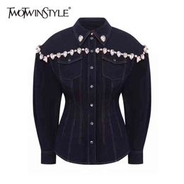 Patchwork Diamond Denim Jacket For Women Lapel Long Sleeve Casual Jackets Female Fashion Clothing 210524