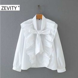 ZEVITY women fashion v neck bow tie casual smock blouse shirt women pleated ruffles chic white blusas streetwear tops LS7241 210603