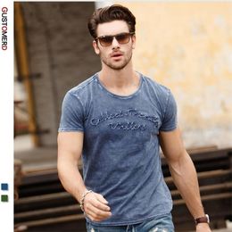 GustOmerD Water Washed New Fashion Design Mens T-shirts Embroidery Short Sleeve O Neck Tops Tees Cotton Casual T Shirt Men 210409