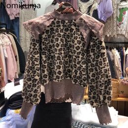 Nomikuma Hit Colour Leopard Sweatshirt Causal Korean Lace Ruffle Patchwork Top Jumper New Long Sleeve O-neck Women Hoodies 6D765 210427
