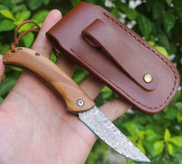 High Quality Damascus Folding Knife VG10 Damascuss Steel Drop Point Blade Olive wood + Stainless Steels Handle EDC Pocket Knives With Leather Sheath