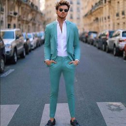 Handsome Teal Slim Fit Mens Prom Suits Notched Lapel Groomsmen Tux Beach Wedding Tuxedos For Men Blazers One Button Formal Suit X0909
