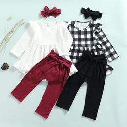 3Pcs Little Girls Outfit Sweet Style Plaid/Solid Lace Splicing Wide Hem Long Sleeve Round Collar Tops + Pants + Headwear 1-6T