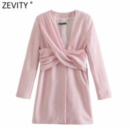 Women Sexy Deep V Neck Pleated Knotted Solid Mini Dress Lady Long Sleeve Vestido Chic Casual Suit Dresses DS8326 210416