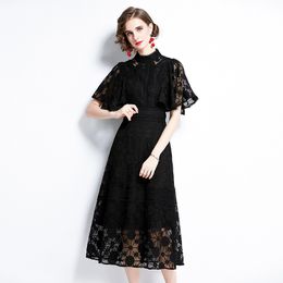 Women Boutique Lace Dress Stand Collar Ruffle Sleeve Retro Summer Midi Dress High-end Elegant Lady Lace Hollow Dresses Party Dresses