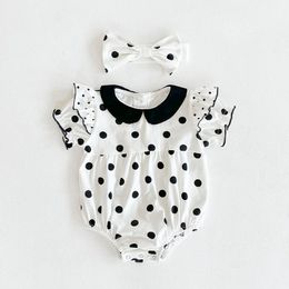 Summer Baby Girls Rompers Clothes Bodysuits Short Sleeve Dot + Hair Band Infant Bodysuit 210429