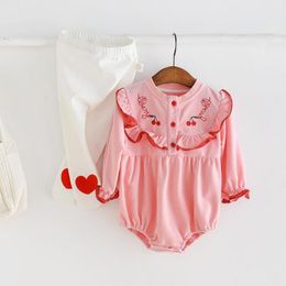 New Toddler Baby Jumpsuit Spring Newborn Baby Clothes Cherry Embroidery Baby Girls Bodysuit Infant Girl Clothes 210413