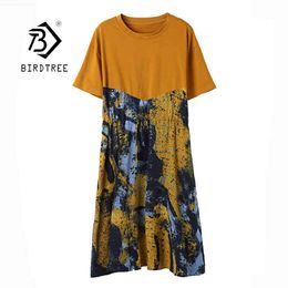 Summer Women's Patchwork Printed 100% Cotton Knee-length High Waist Plus Size Short Sleeve O Neck Dress With Belt D13906X 210416