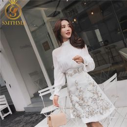 est Fashion Runway Women's Long Sleeve White Blouse+High Waist Embroidery Beading 2 Piece Skirt Set 210520