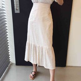 Summer White Fashion Temperament Elegant And Sweet High-waist Lace Hollow Mermaid Skirt Casual Women 16F1085 210510