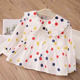 Spring Autumn 2 3 4 6 8 10 Years Children Cotton White Flower Flare Sleeve Polka Dot Print Kids Baby Girls Blouse Shirt 210701