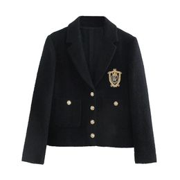 Women England Style Badge Patch Woolen Jacket Black Coat Vintyage Office Lady Single Breasted Pocket Jacket Chic Female Outwear 210521