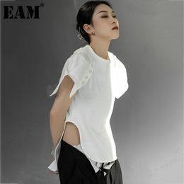[EAM] Women White Button Shaped Casual Irregular T-shirt Round Neck Short Sleeve Fashion Spring Summer 1DD7715 21512