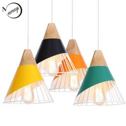 Modern Iron Wood Creative Painted Pendant Lamp E27 220V LED Multicolor Lights Fixture For Bedroom Restaurant Foyer El Lamps