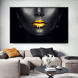 Gold Lips African Black Woman Canvas Paintings on The Wall Art Posters and Prints Black Face Pictures for Living Room Unframed
