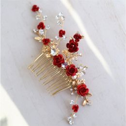 Jonnafe Red Rose Floral Headpiece For Women Prom Bridal Hair Comb Accessories Handmade Wedding Jewelry 220125