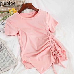 Neploe Solid Thin T Shirt Women Summer Fashion Korean Female Tees O Neck Sweet Irregular Short Sleeve Drawstring Tops 4h877 210422