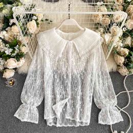 Spring Autumn Lace Bottoming Women's Shirt Lady Korean Clothing Sexy Pleated Ruffled Collar Flared Sleeve Hollow Out Top Female 210514