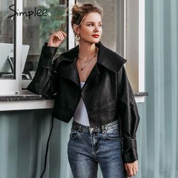 Faux pu leather women V-neck bow tie black motorcycle ladies outwear coat Bandage high street female jacket 210414