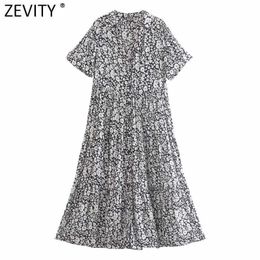 Zevity Women Vintage White Floral Print Black Midi Shirt Dress Femme Chic Breasted Short Sleeve Pleat Casual Slim Vestido DS8509 210603