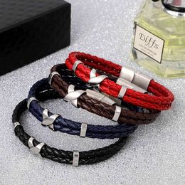 Men's titan steel bracelet stainless steel double leather rope bracelet X-type magnet buckle woven leather Leather Bracelet